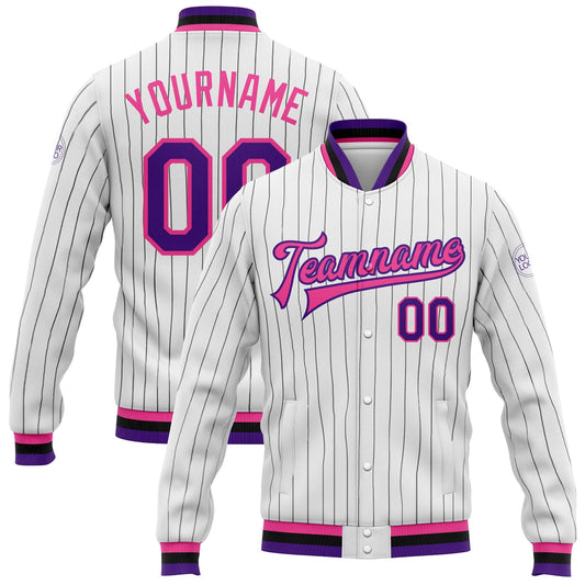 Custom White Black Pinstripe Purple-Pink Bomber Full-Snap Varsity Letterman Jacket - Main View