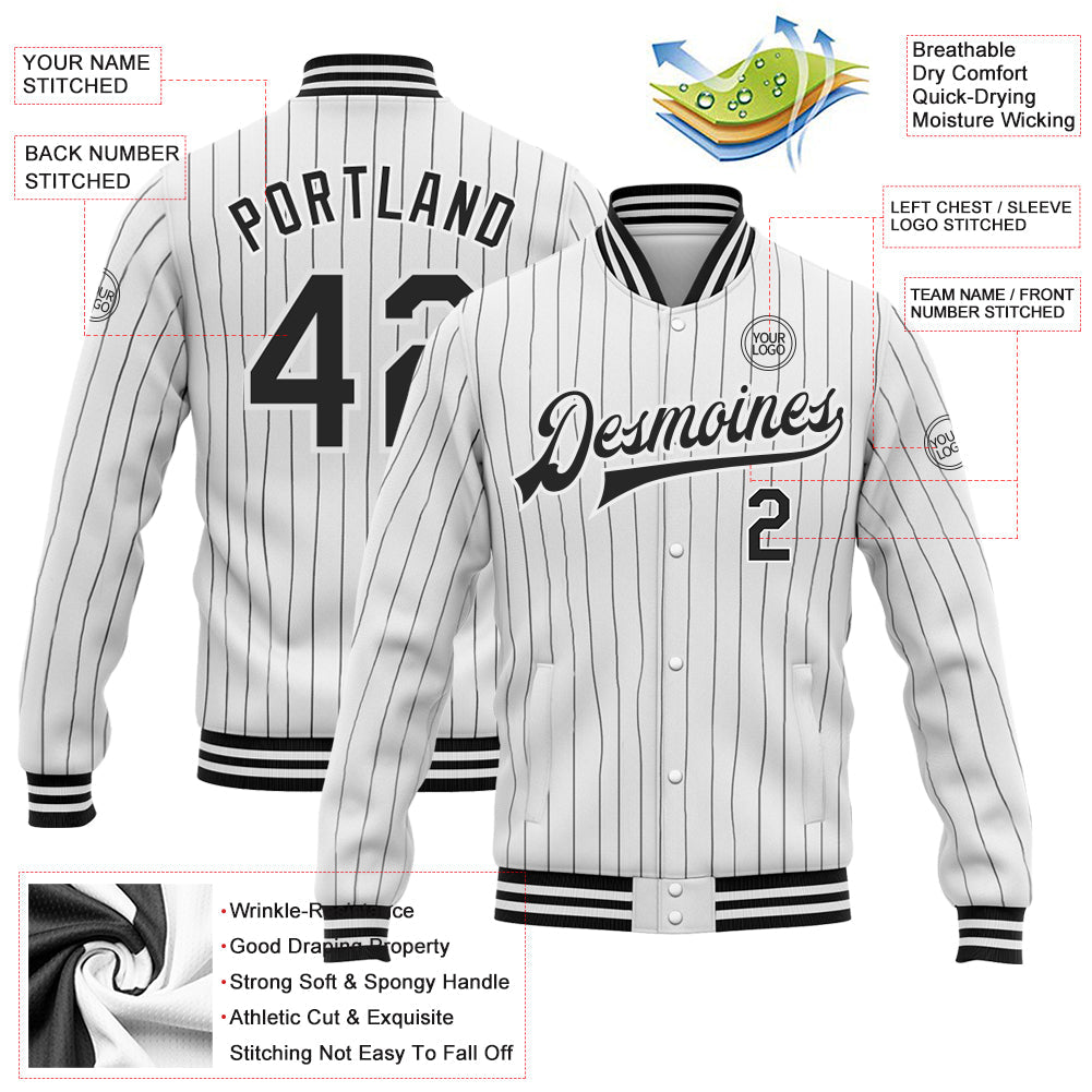 Custom White Black Pinstripe Black Bomber Full-Snap Varsity Letterman Jacket view 5