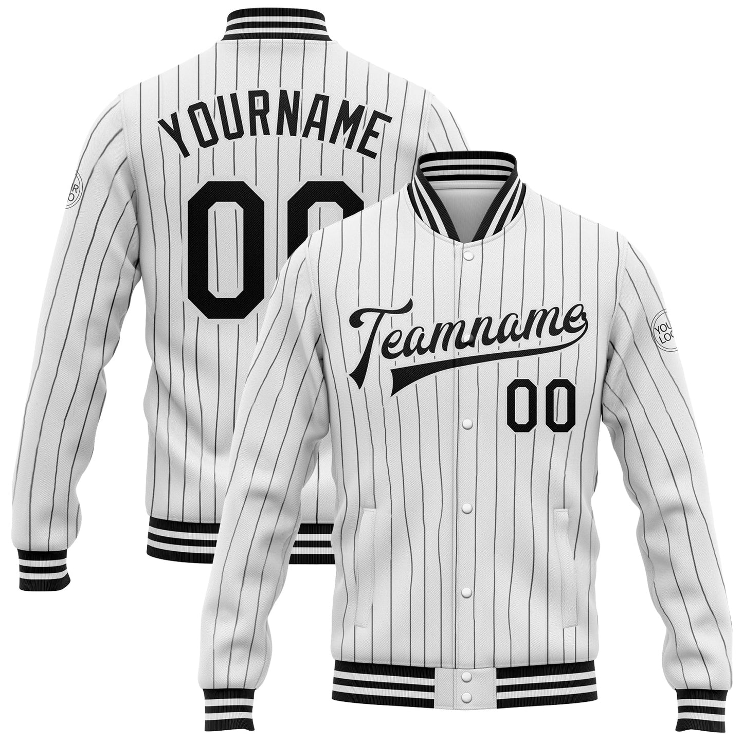 Custom White Black Pinstripe Black Bomber Full-Snap Varsity Letterman Jacket - Main View