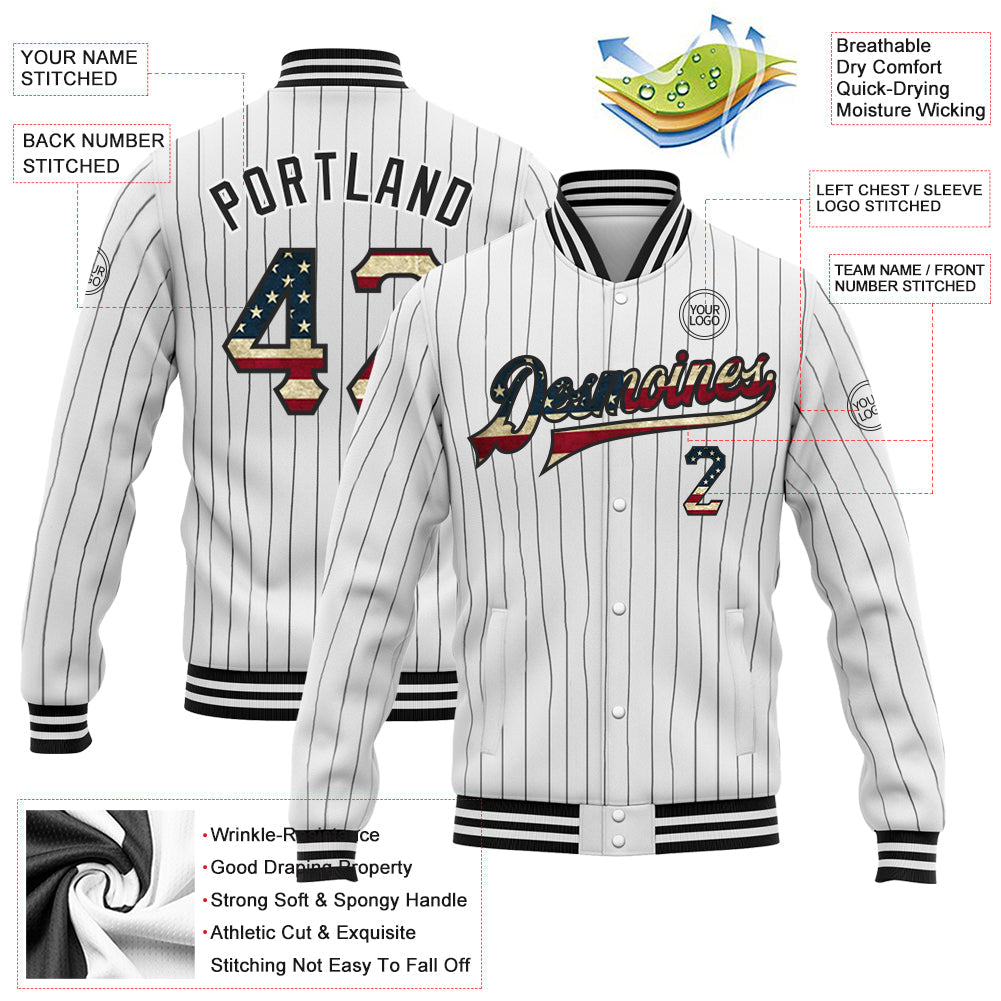 Custom White Black Pinstripe Vintage USA Flag Bomber Full-Snap Varsity Letterman Jacket view 5