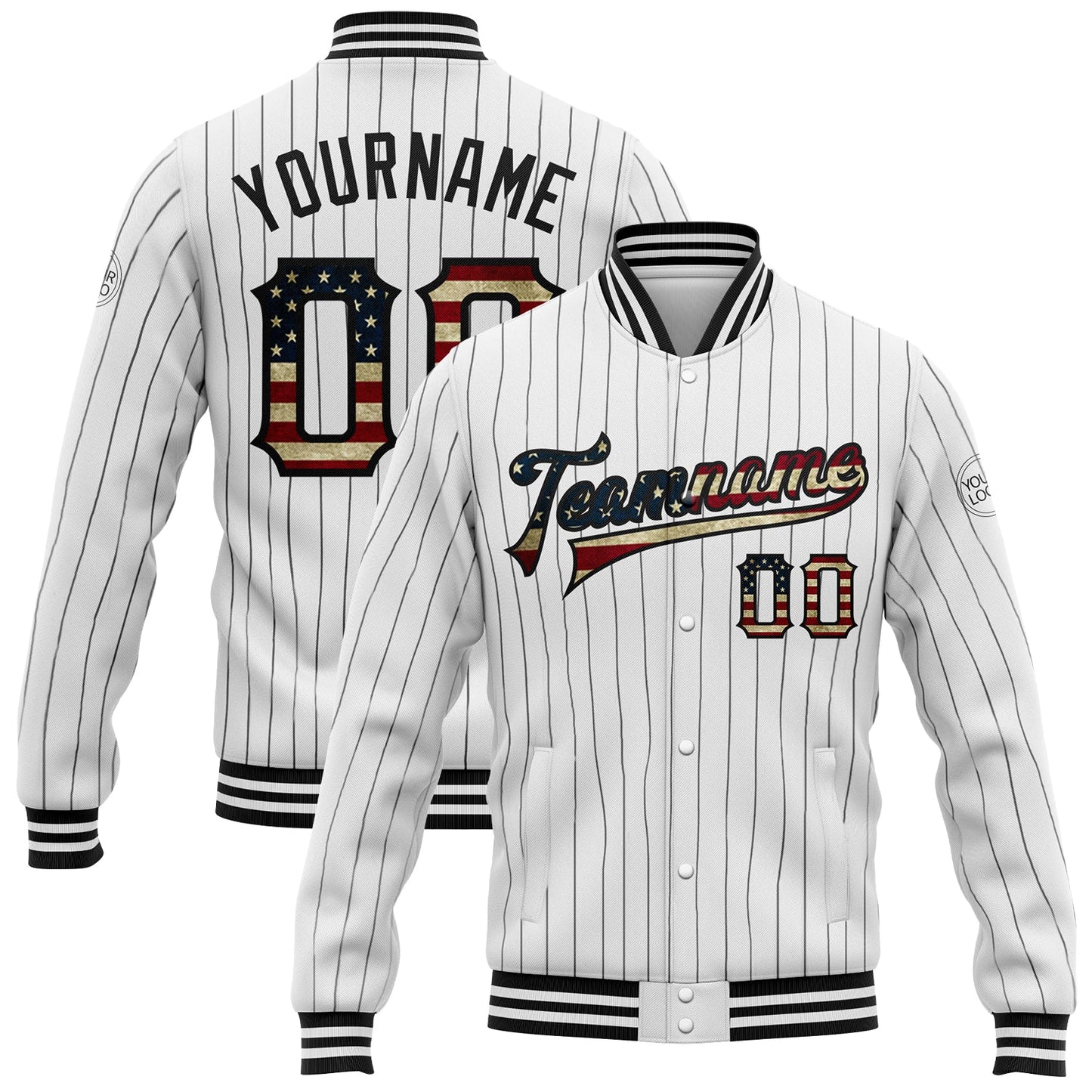 Custom White Black Pinstripe Vintage USA Flag Bomber Full-Snap Varsity Letterman Jacket - Main View