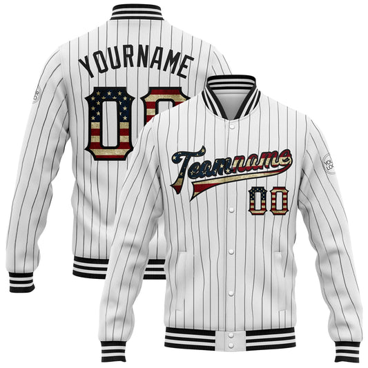 Custom White Black Pinstripe Vintage USA Flag Bomber Full-Snap Varsity Letterman Jacket - Main View