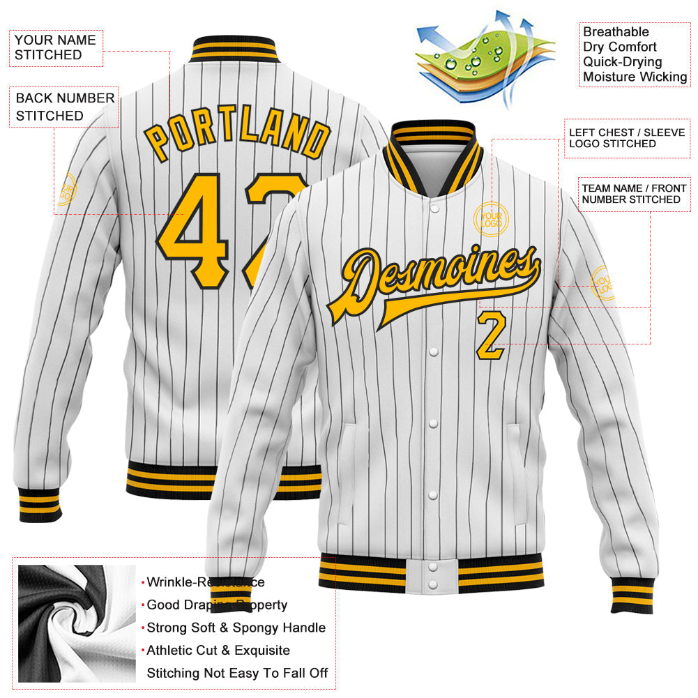 Custom White Black Pinstripe Gold Bomber Full-Snap Varsity Letterman Jacket view 5