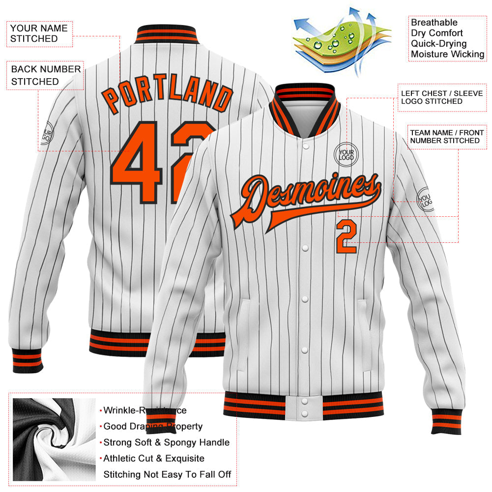 Custom White Black Pinstripe Orange Bomber Full-Snap Varsity Letterman Jacket view 5