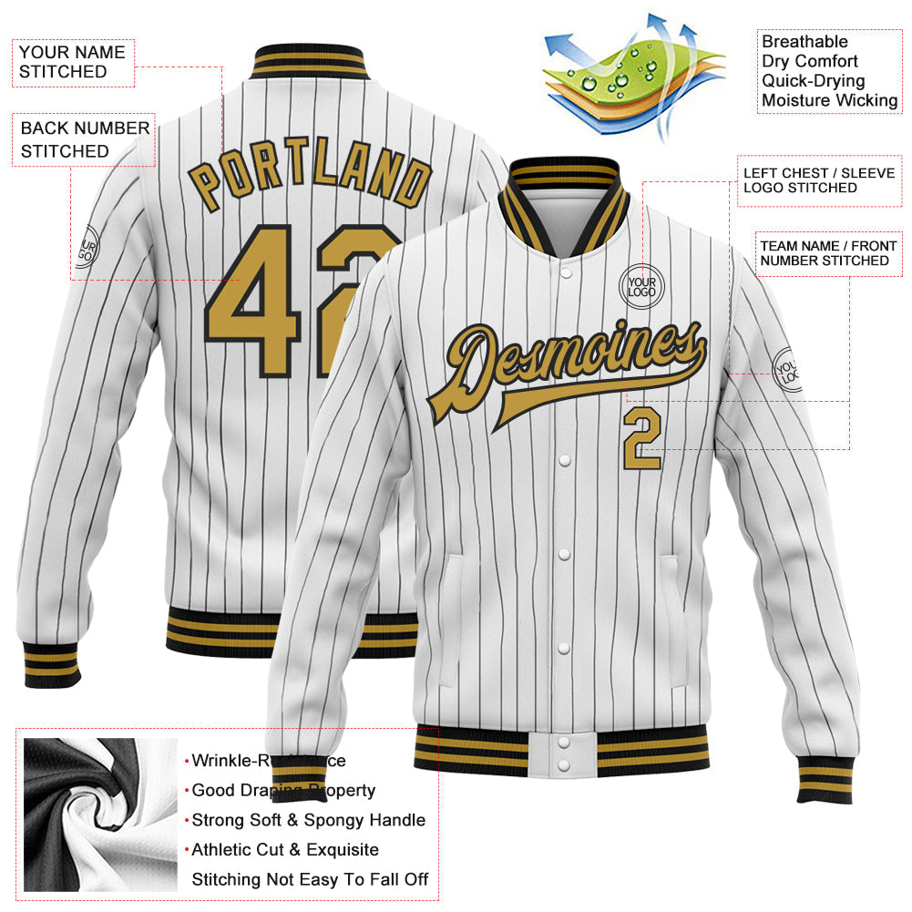 Custom White Black Pinstripe Old Gold Bomber Full-Snap Varsity Letterman Jacket view 5