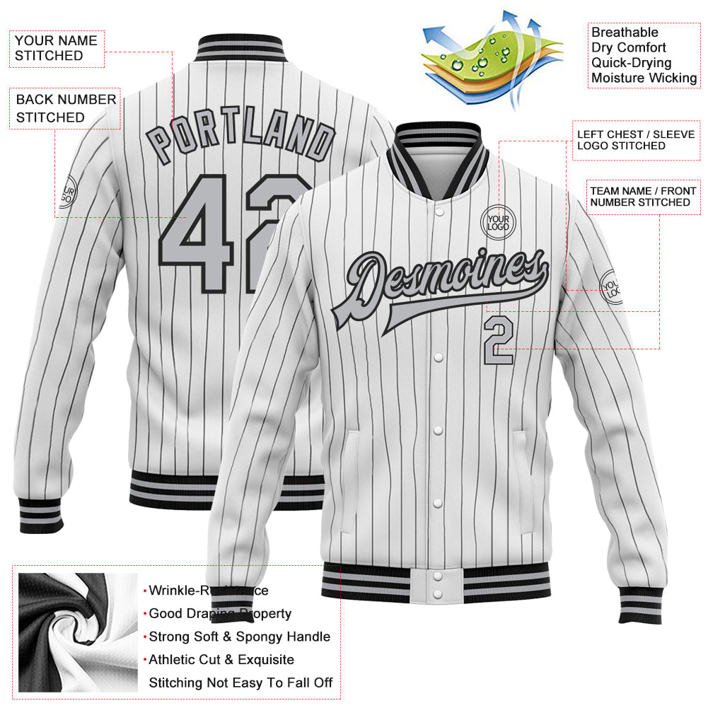 Custom White Black Pinstripe Gray Bomber Full-Snap Varsity Letterman Jacket view 5
