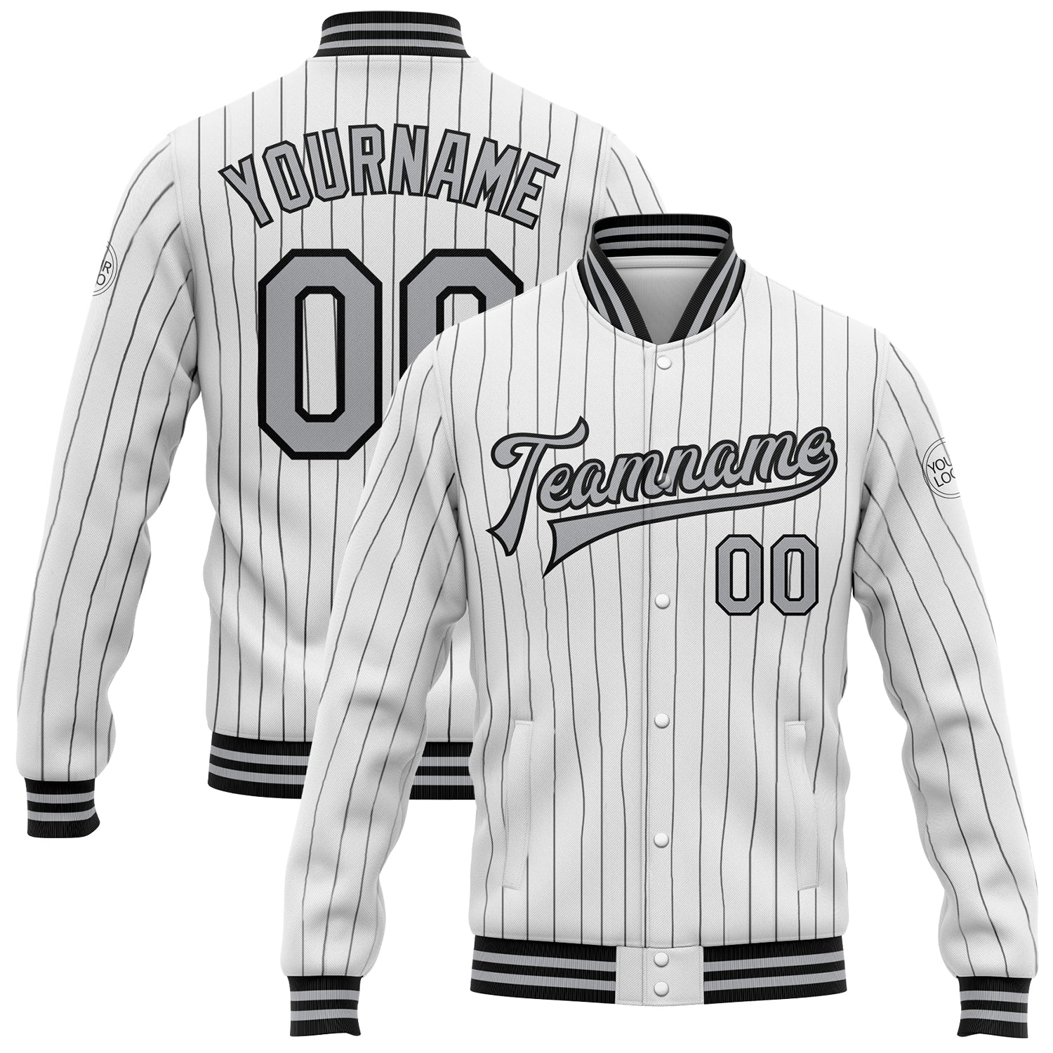 Custom White Black Pinstripe Gray Bomber Full-Snap Varsity Letterman Jacket - Main View