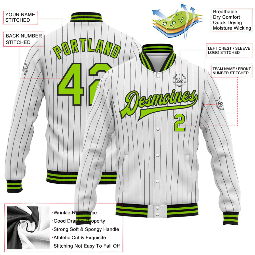 Custom White Black Pinstripe Neon Green Bomber Full-Snap Varsity Letterman Jacket view 5