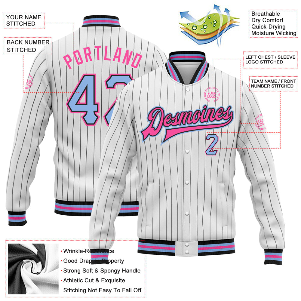 Custom White Black Pinstripe Light Blue-Pink Bomber Full-Snap Varsity Letterman Jacket view 5
