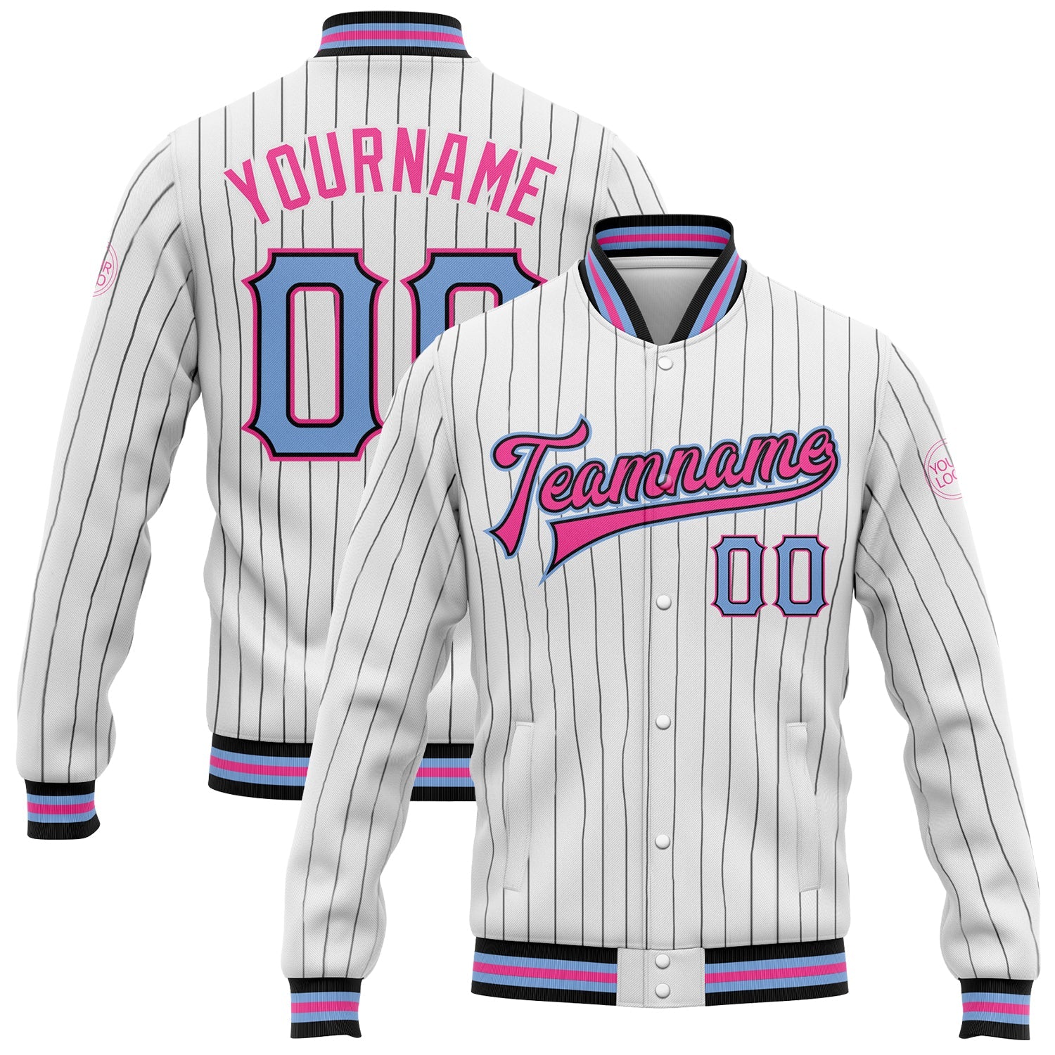 Custom White Black Pinstripe Light Blue-Pink Bomber Full-Snap Varsity Letterman Jacket - Main View