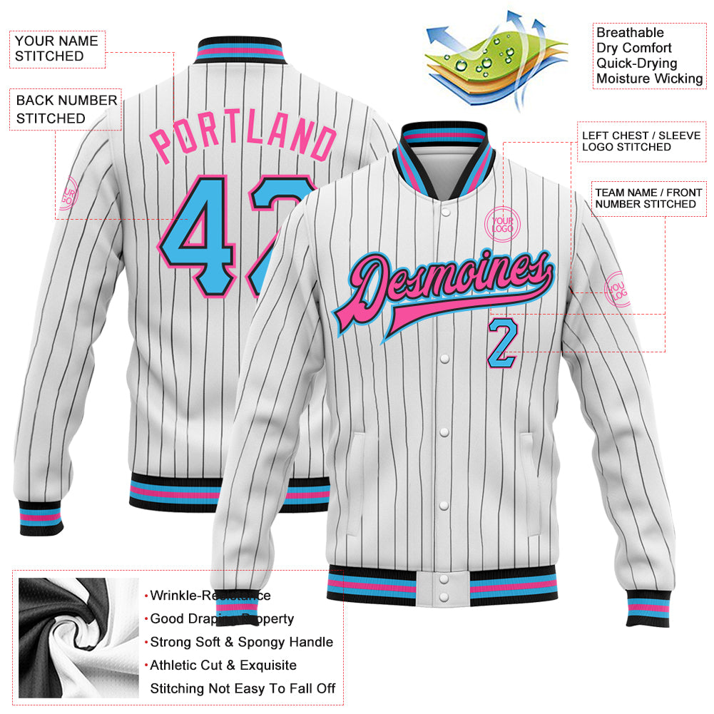 Custom White Black Pinstripe Sky Blue-Pink Bomber Full-Snap Varsity Letterman Jacket view 5