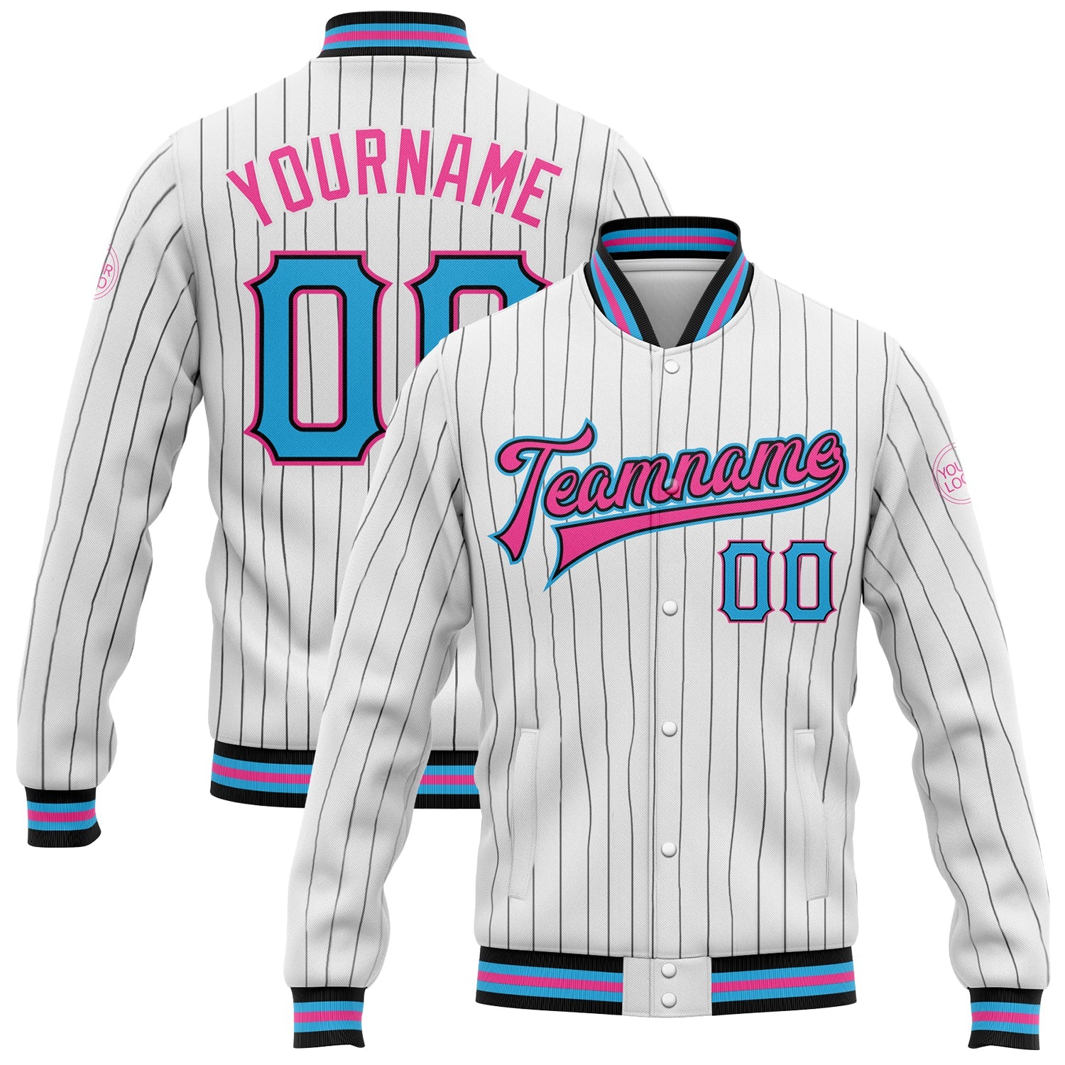 Custom White Black Pinstripe Sky Blue-Pink Bomber Full-Snap Varsity Letterman Jacket - Main View