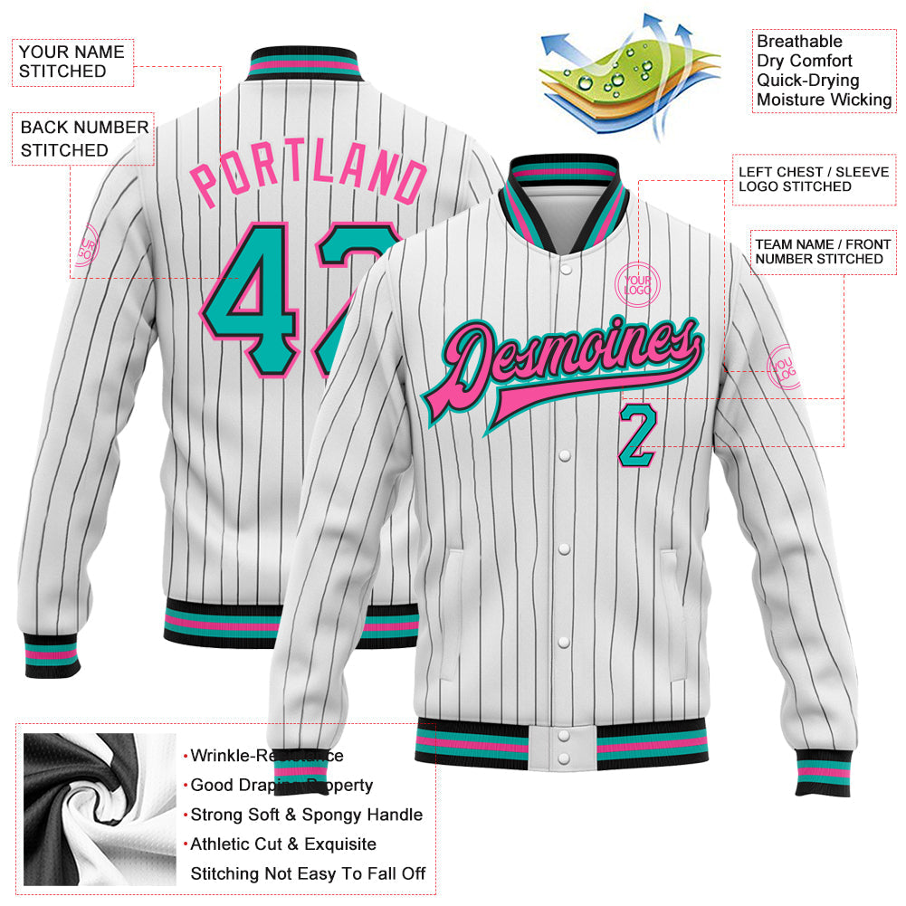 Custom White Black Pinstripe Aqua-Pink Bomber Full-Snap Varsity Letterman Jacket view 5