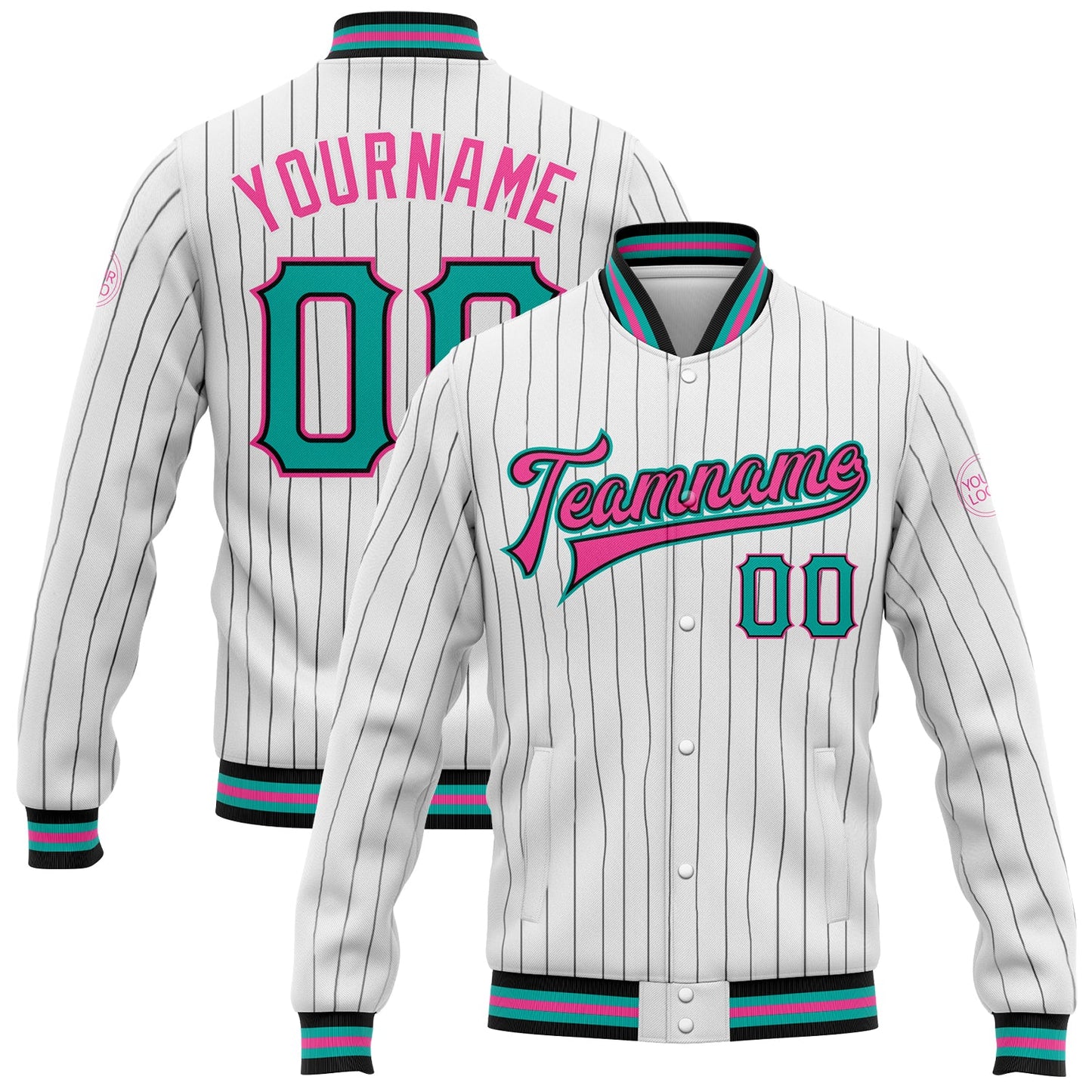 Custom White Black Pinstripe Aqua-Pink Bomber Full-Snap Varsity Letterman Jacket - Main View