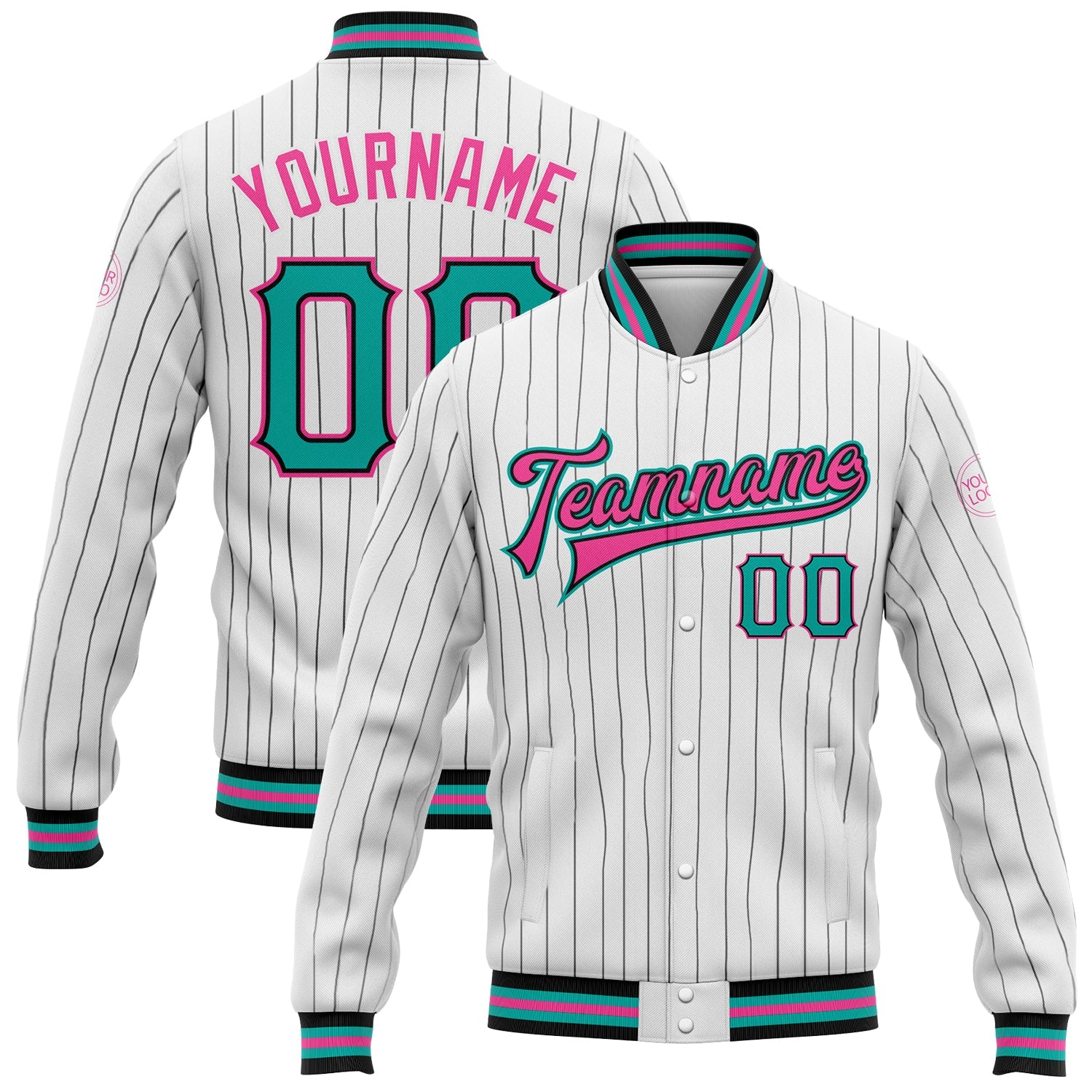 Custom White Black Pinstripe Aqua-Pink Bomber Full-Snap Varsity Letterman Jacket - Main View