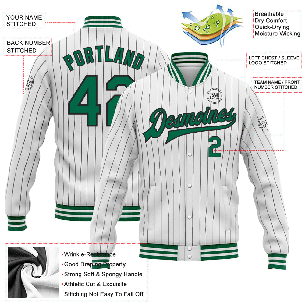 Custom White Black Pinstripe Kelly Green Bomber Full-Snap Varsity Letterman Jacket view 5