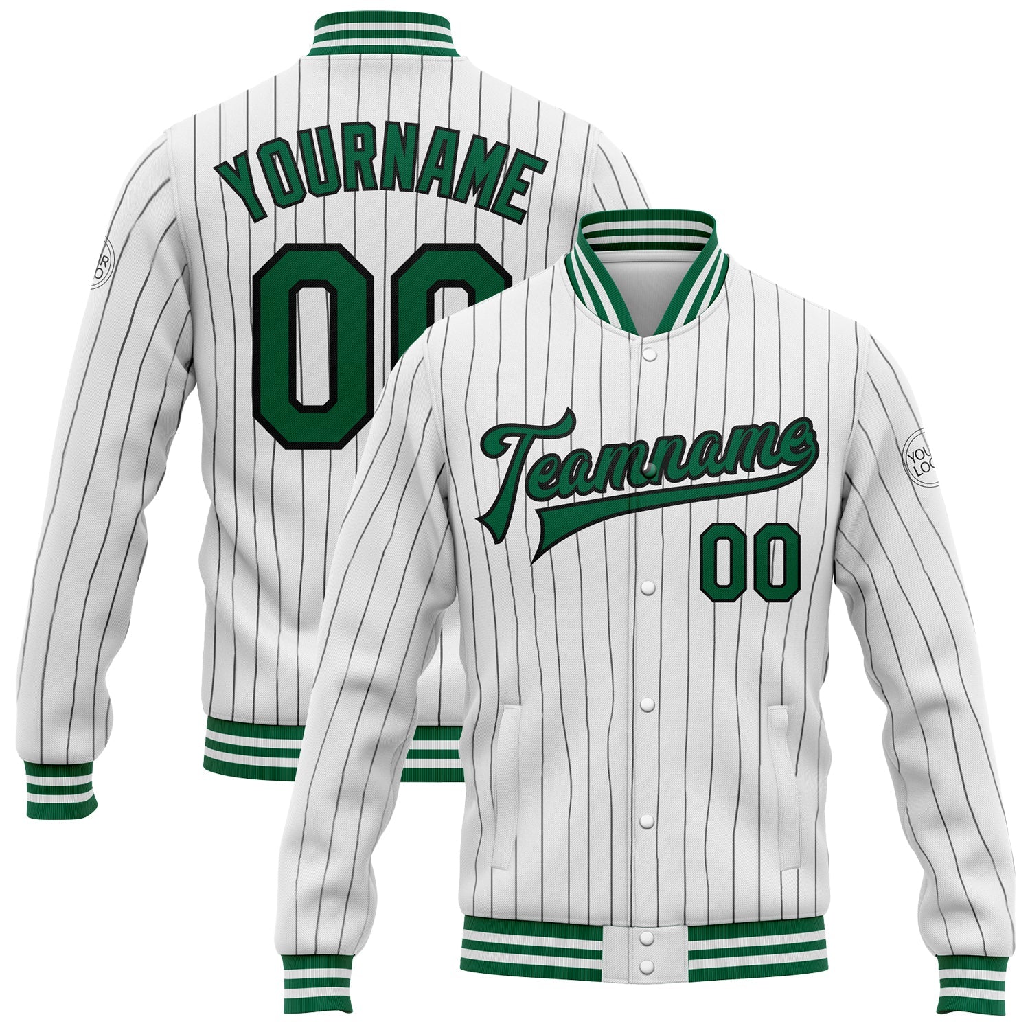 Custom White Black Pinstripe Kelly Green Bomber Full-Snap Varsity Letterman Jacket - Main View