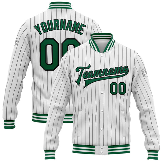 Custom White Black Pinstripe Kelly Green Bomber Full-Snap Varsity Letterman Jacket - Main View