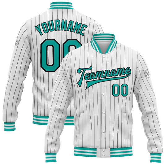 Custom White Black Pinstripe Aqua Bomber Full-Snap Varsity Letterman Jacket - Main View