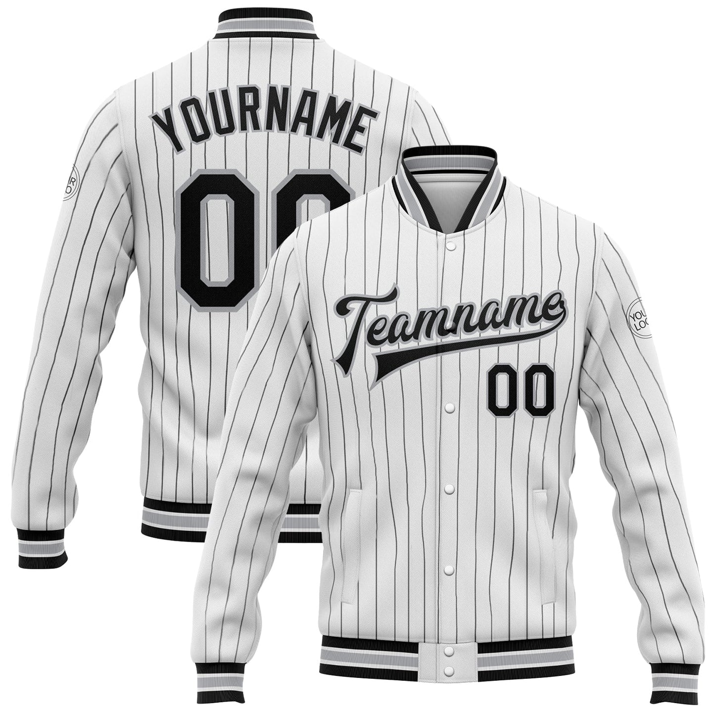 Custom White Black Pinstripe Gray Bomber Full-Snap Varsity Letterman Jacket - Main View