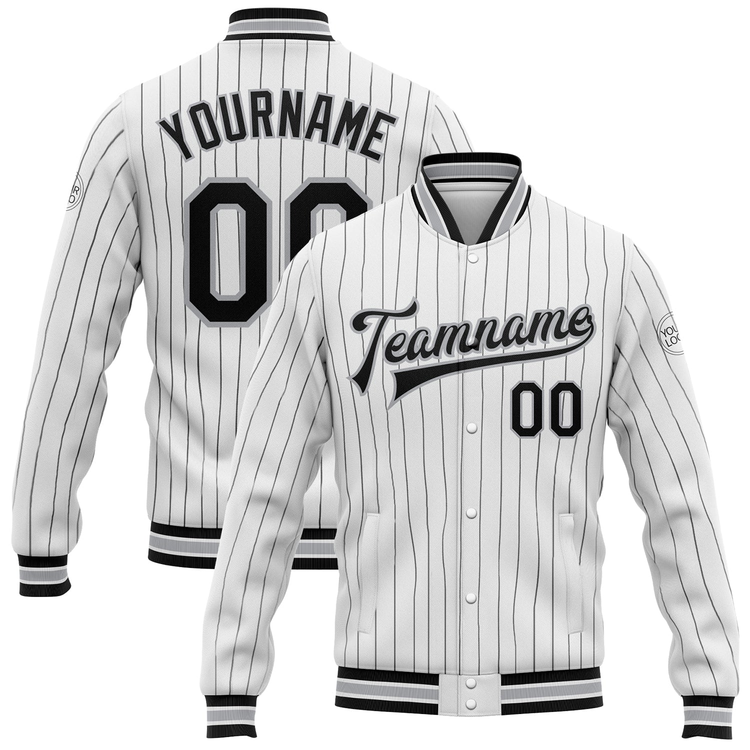 Custom White Black Pinstripe Gray Bomber Full-Snap Varsity Letterman Jacket - Main View