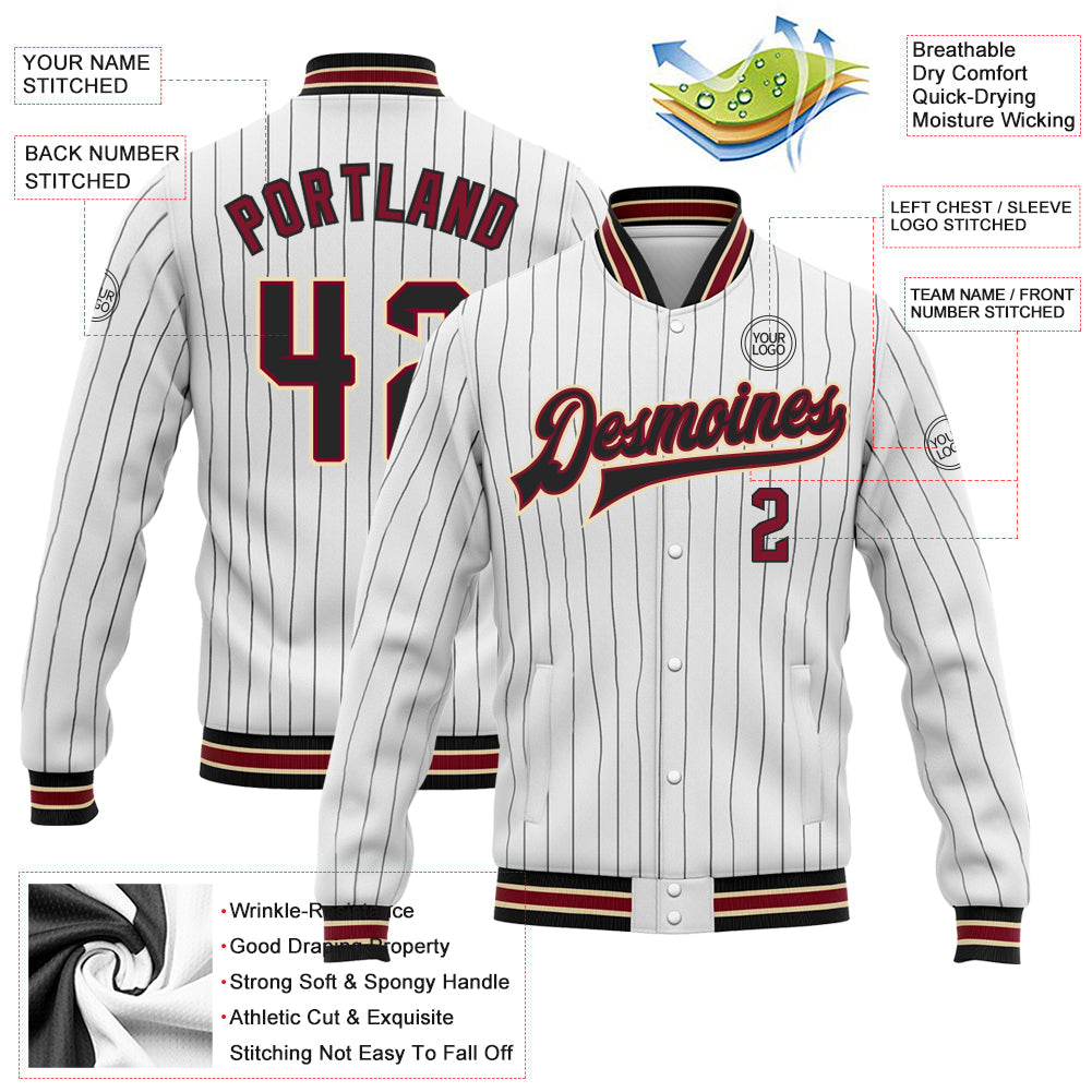 Custom White Black Pinstripe Crimson-City Cream Bomber Full-Snap Varsity Letterman Jacket view 5