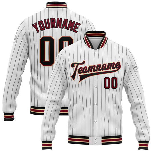 Custom White Black Pinstripe Crimson-City Cream Bomber Full-Snap Varsity Letterman Jacket - Main View