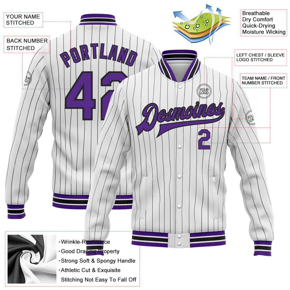 Custom White Black Pinstripe Purple Bomber Full-Snap Varsity Letterman Jacket view 5