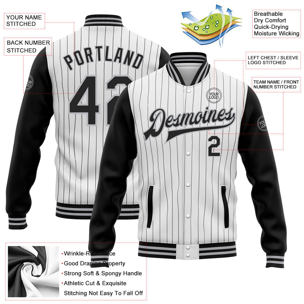 Custom White Black Pinstripe Gray Bomber Full-Snap Varsity Letterman Two Tone Jacket view 5