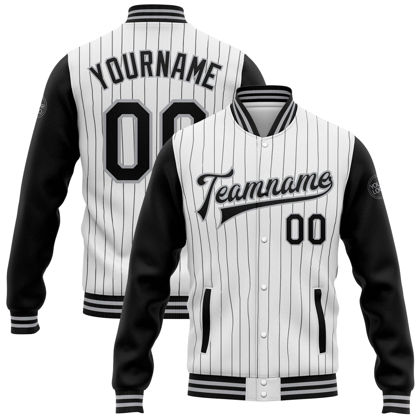 Custom White Black Pinstripe Gray Bomber Full-Snap Varsity Letterman Two Tone Jacket - Main View