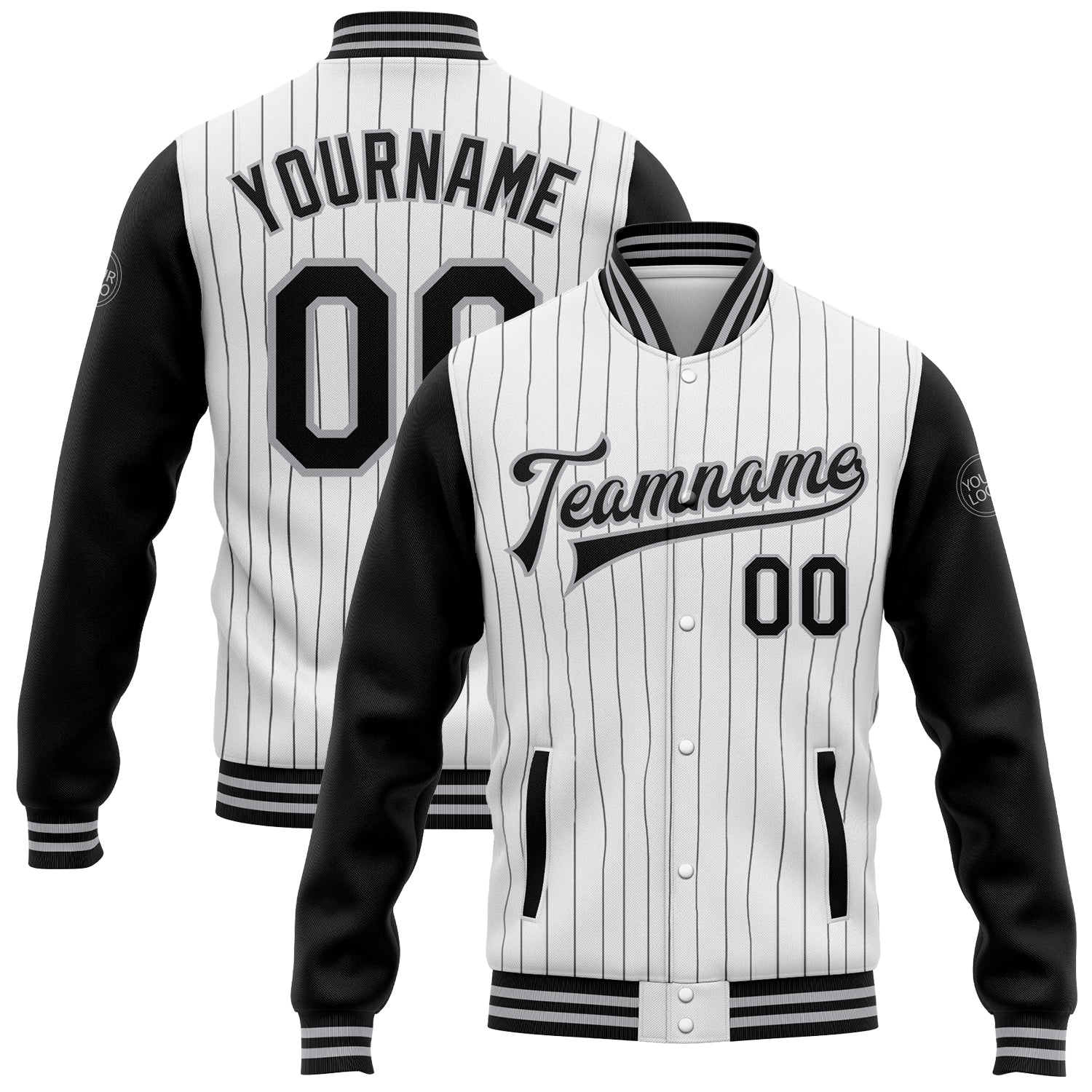 Custom White Black Pinstripe Gray Bomber Full-Snap Varsity Letterman Two Tone Jacket - Main View