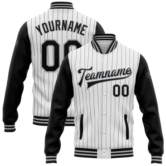 Custom White Black Pinstripe Gray Bomber Full-Snap Varsity Letterman Two Tone Jacket - Main View