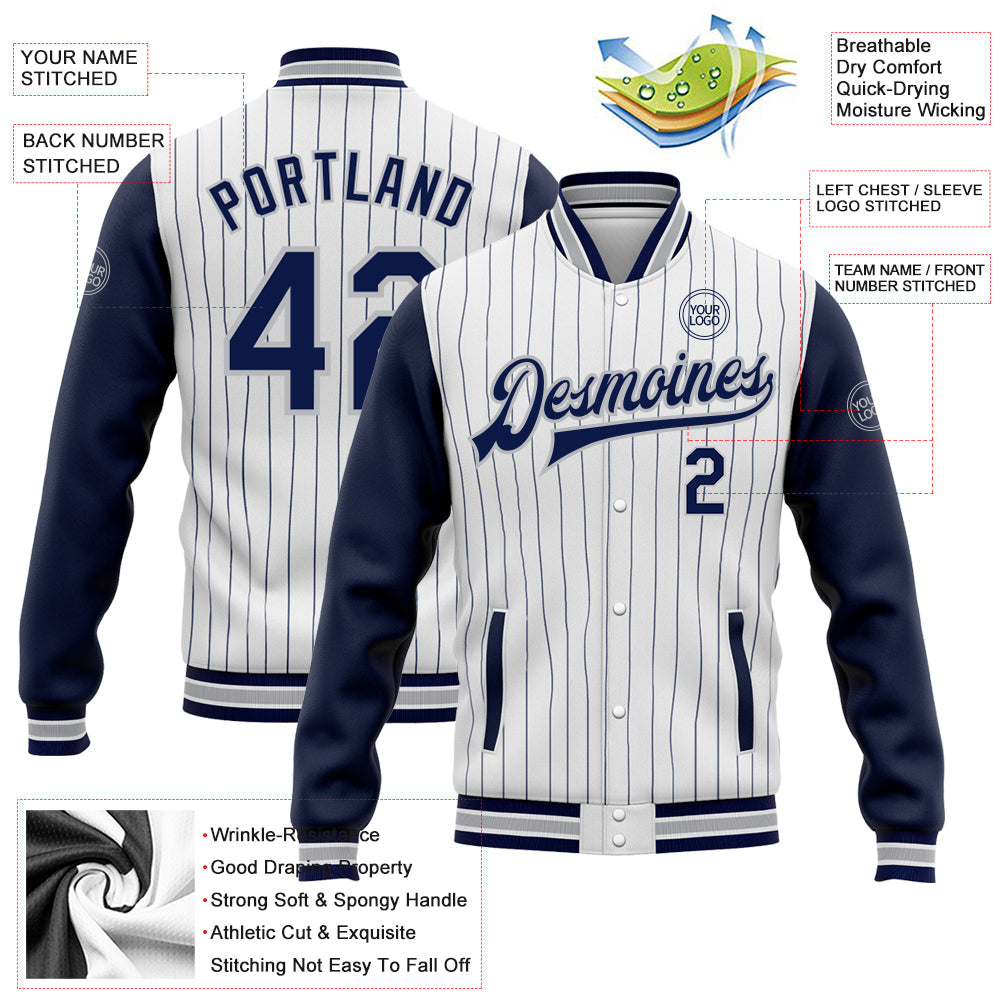 Custom White Navy Pinstripe Gray Bomber Full-Snap Varsity Letterman Two Tone Jacket view 5
