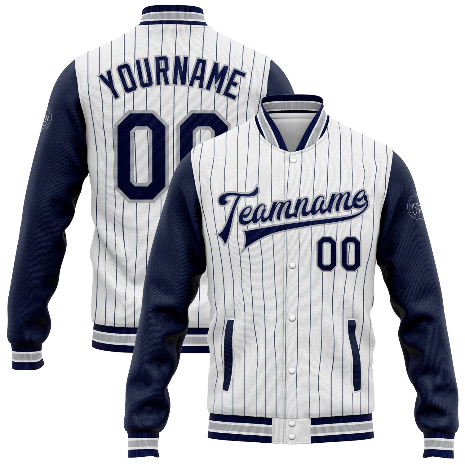 Custom White Navy Pinstripe Gray Bomber Full-Snap Varsity Letterman Two Tone Jacket - Main View