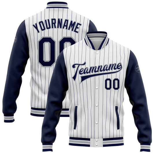 Custom White Navy Pinstripe Gray Bomber Full-Snap Varsity Letterman Two Tone Jacket - Main View