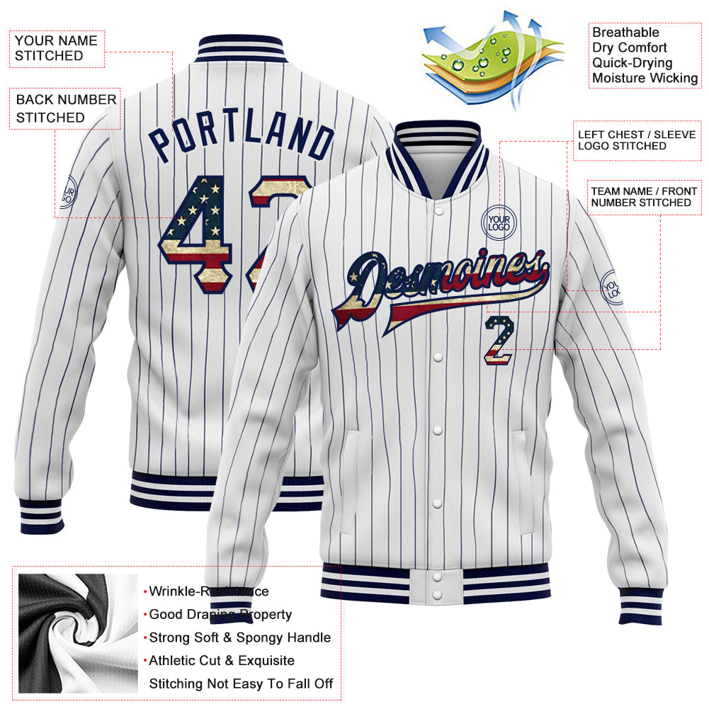 Custom White Navy Pinstripe Vintage USA Flag Bomber Full-Snap Varsity Letterman Jacket view 5