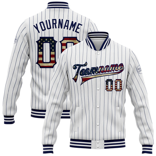 Custom White Navy Pinstripe Vintage USA Flag Bomber Full-Snap Varsity Letterman Jacket - Main View
