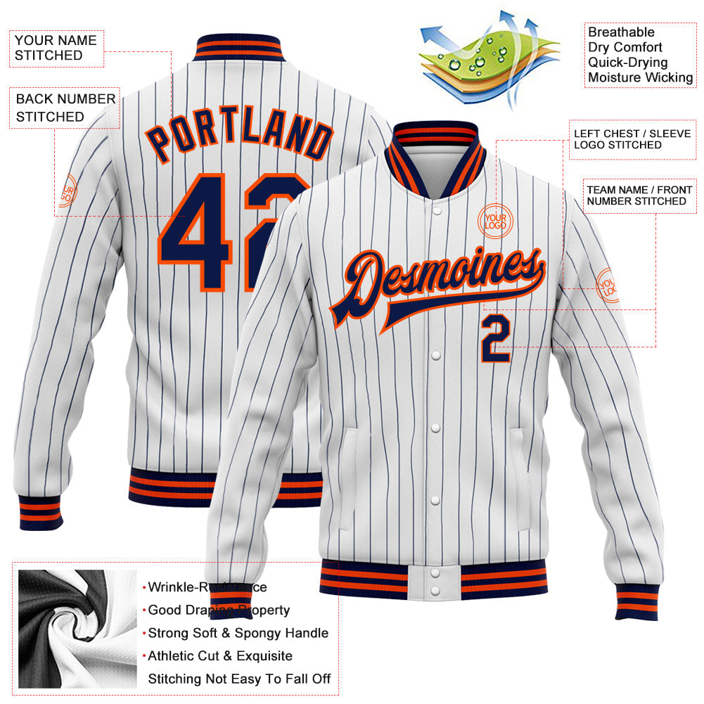 Custom White Navy Pinstripe Orange Bomber Full-Snap Varsity Letterman Jacket view 5