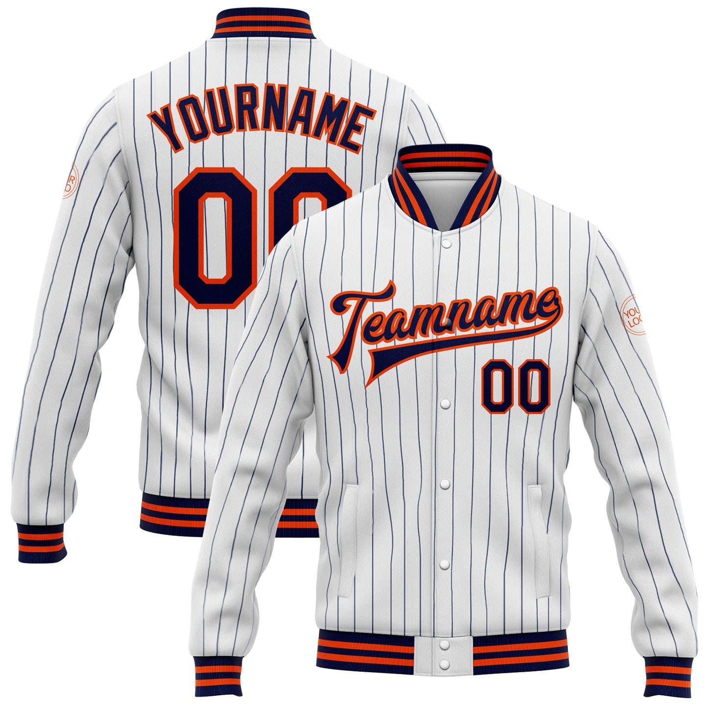Custom White Navy Pinstripe Orange Bomber Full-Snap Varsity Letterman Jacket - Main View