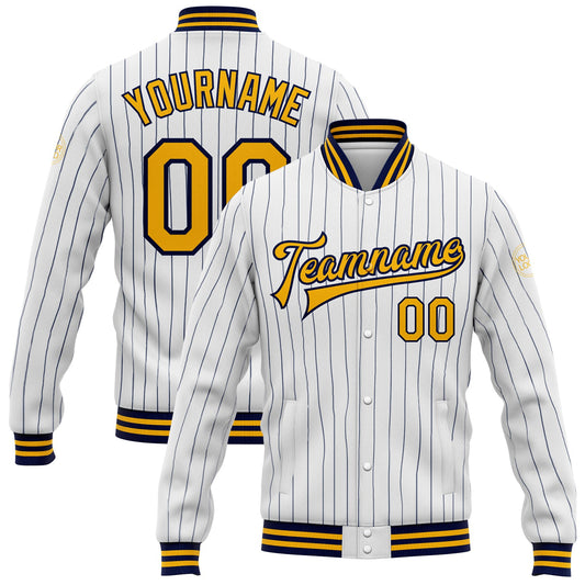 Custom White Navy Pinstripe Gold Bomber Full-Snap Varsity Letterman Jacket - Main View