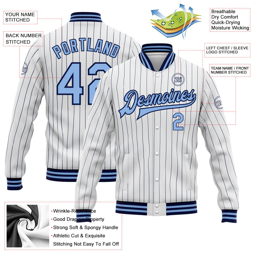 Custom White Navy Pinstripe Light Blue Bomber Full-Snap Varsity Letterman Jacket view 5