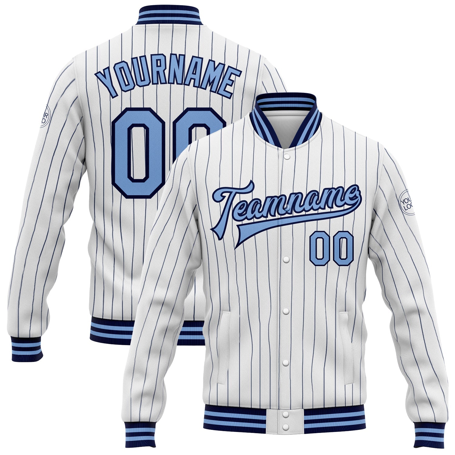 Custom White Navy Pinstripe Light Blue Bomber Full-Snap Varsity Letterman Jacket - Main View