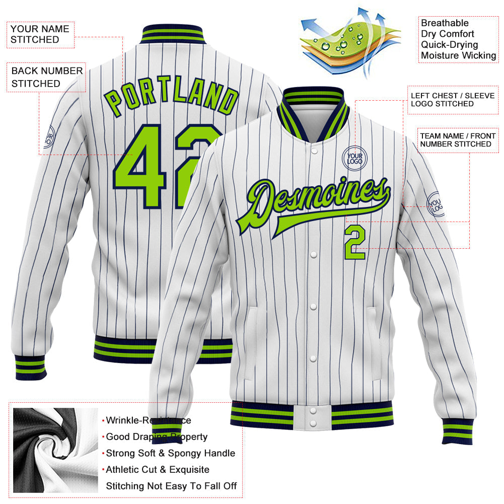 Custom White Navy Pinstripe Neon Green Bomber Full-Snap Varsity Letterman Jacket view 5