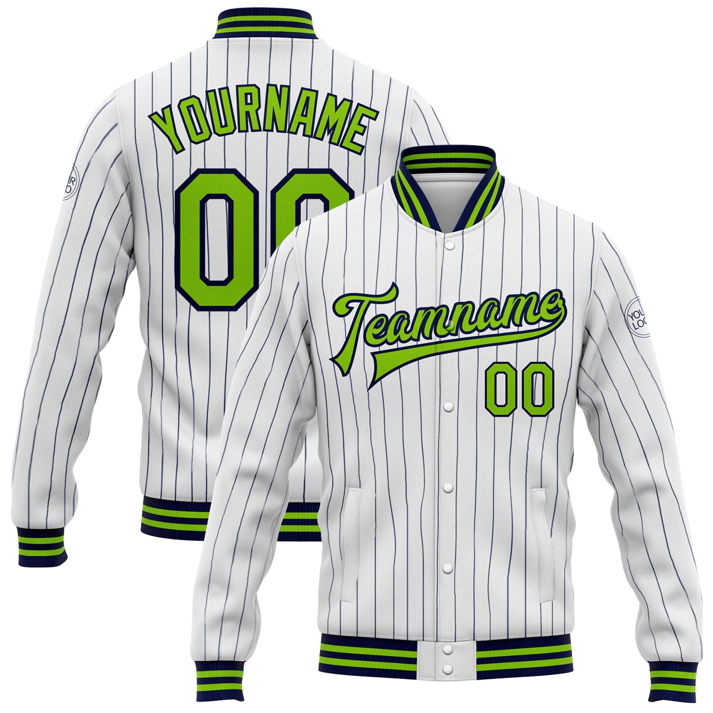Custom White Navy Pinstripe Neon Green Bomber Full-Snap Varsity Letterman Jacket - Main View