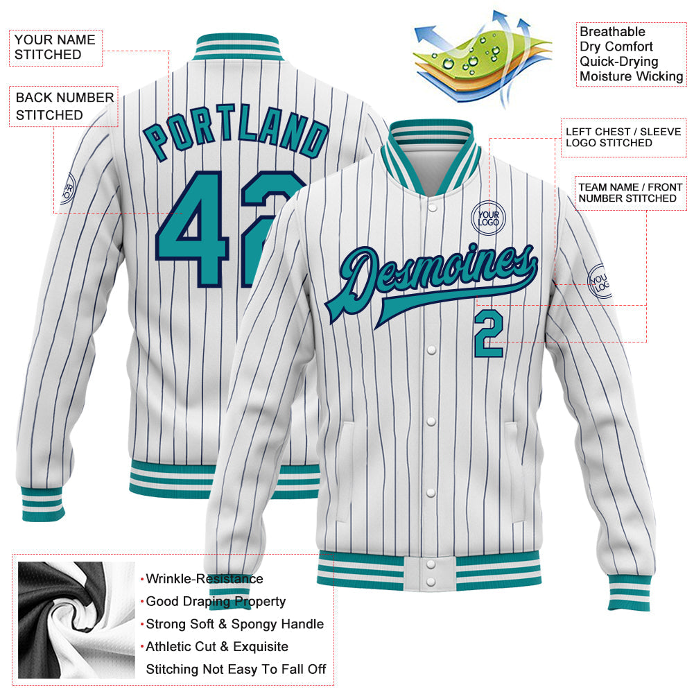 Custom White Navy Pinstripe Teal Bomber Full-Snap Varsity Letterman Jacket view 5