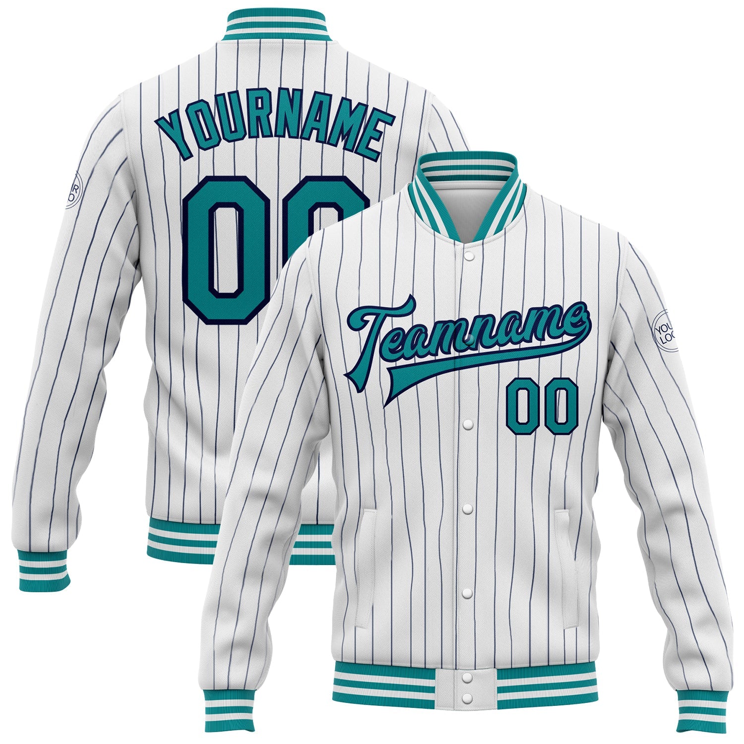 Custom White Navy Pinstripe Teal Bomber Full-Snap Varsity Letterman Jacket - Main View