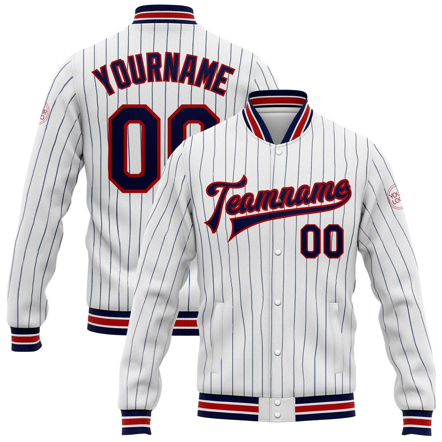 Custom White Navy Pinstripe Red Bomber Full-Snap Varsity Letterman Jacket - Main View