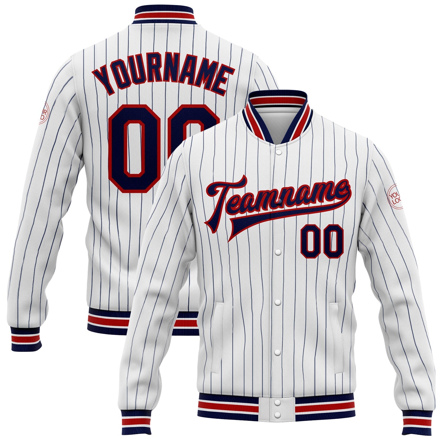 Custom White Navy Pinstripe Red Bomber Full-Snap Varsity Letterman Jacket - Main View