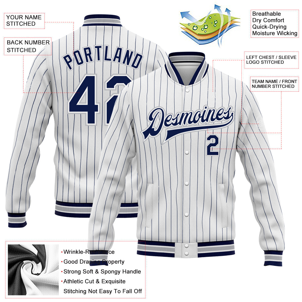 Custom White Navy Pinstripe Gray Bomber Full-Snap Varsity Letterman Jacket view 5