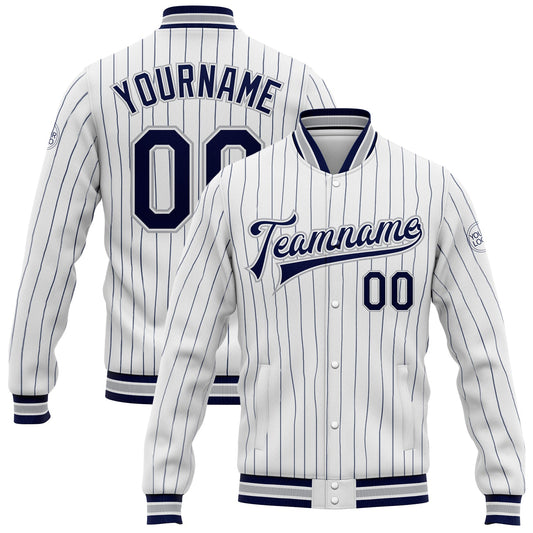 Custom White Navy Pinstripe Gray Bomber Full-Snap Varsity Letterman Jacket - Main View